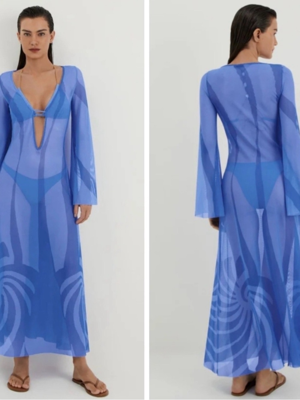 Caroline Constas NWT Blue Sheer Mesh Maxi Cover Up Dress Sz M Beach Resort - Picture 2 of 5